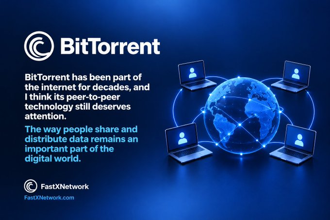 A promotional graphic for BitTorrent by FastXNetwork with a blue globe connected to laptops, discussing its peer-to-peer technology.