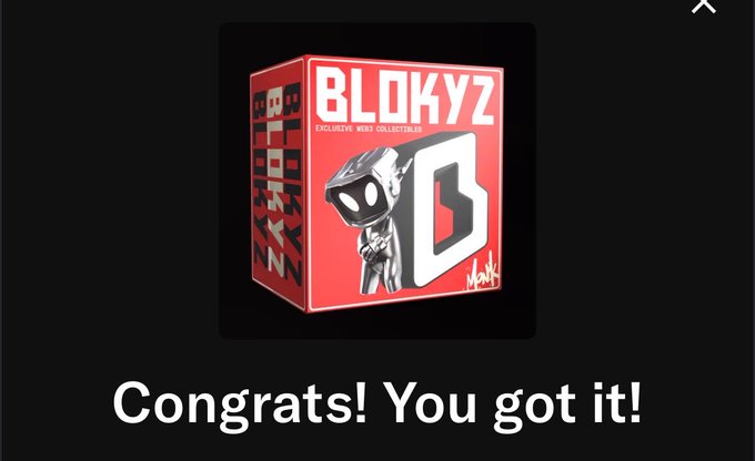 A digital collectible box labeled 'BLOKYZ EXCLUSIVE WEBI COLLECTIBLES' by HARA, with text below reading 'Congrats! You got it!'.