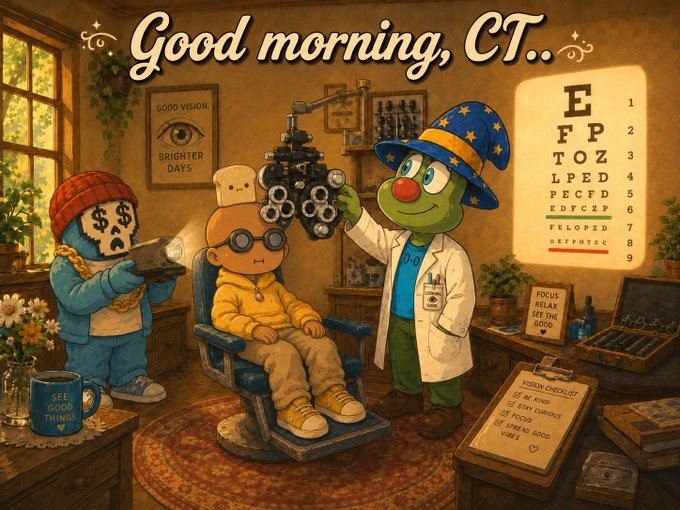 A whimsical cartoon illustration of an eye doctor (a green frog-like character wearing a wizard hat and lab coat) examining a patient, with the text 'Good morning, CT..' displayed at the top, an eye chart on the wall, and a mug reading 'SEE GOOD THINGS'.