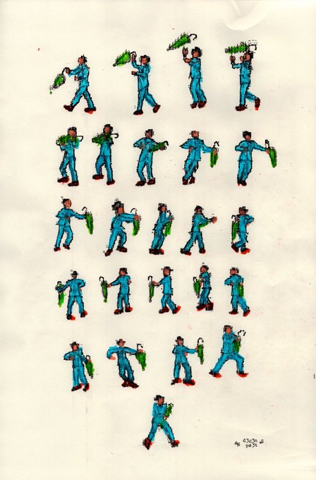A hand-drawn animation sprite sheet showing multiple poses of a character in blue overalls carrying a green object.
