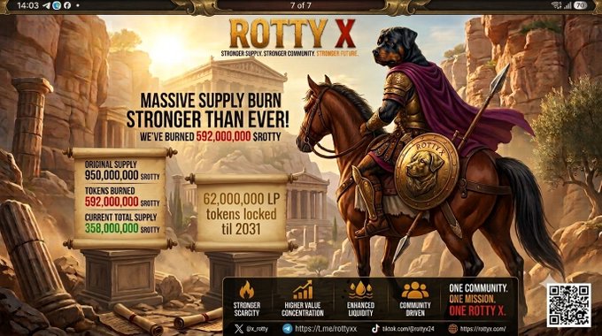 Promotional graphic for 'ROTTY X' cryptocurrency featuring a warrior figure on horseback in ancient ruins, displaying token burn statistics: 950,000,000 original supply, 592,000,000 burned, 358,000,000 current supply, with 62,000,000 LP tokens locked.
