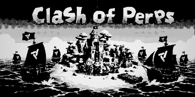 The image features a black and white poster with a pirate ship in the center of the scene. The poster also includes text that reads " Clash of Perps" and "Nado is now integrated into @clashofperps". This suggests that the poster is promoting a new game called " Clash of Clans", which has been integrated into the original game, Nado. The poster encourages players to engage in live trading and build their town hall, train troops, raid other players for loot, run quests, climb the leaderboard, and even upgrade their Nado ships with Nado upgrades.