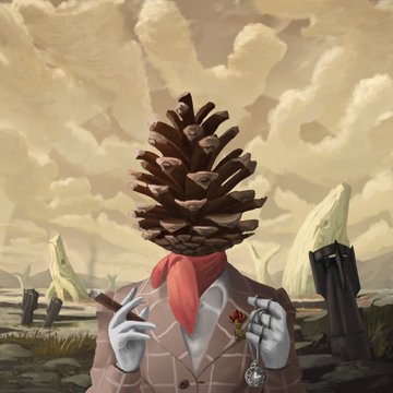 A surreal digital painting depicts a figure in a suit with a pinecone for a head, holding a pocket watch, a cigarette, and a gun, set in a barren landscape.
