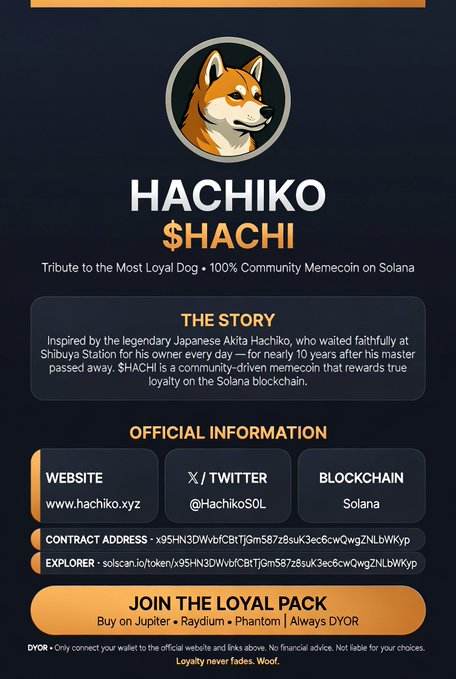 A promotional page for 'HACHIKO $HACHI' describing it as a '100% Community Memecoin on Solana' inspired by the loyal dog Akita Hachiko, listing its website (www.hachiko.xyz), Twitter (@HachikoSOL), and contract address.