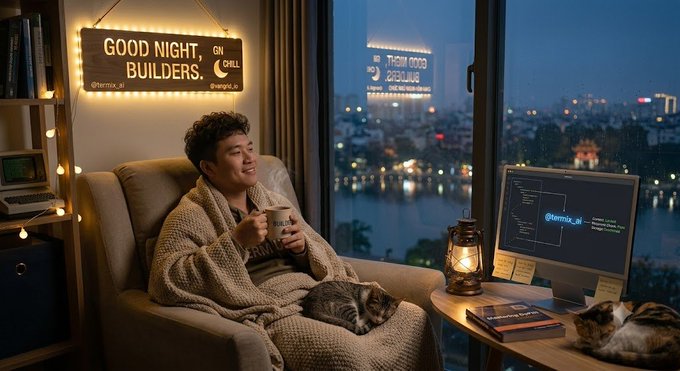A young man relaxes in a cozy armchair at night, holding a steaming mug with a cat sleeping on his lap; a sign behind him reads 'GOOD NIGHT BUILDERS. GN GN GN @termix.ai @renngo.ai'.