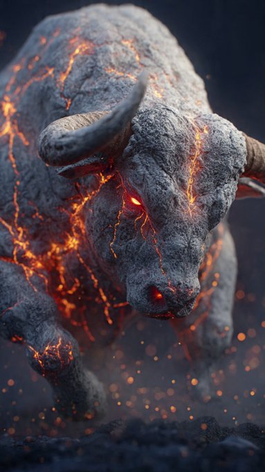 A dramatic digital artwork of a bull made of stone and glowing lava cracks, charging forward with fiery intensity.