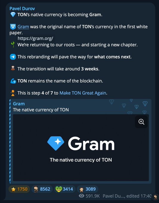 !"ton #gram was the original name of ton's currency," and "ton's currency will become GRAM. This is step 4 of MATH.TON'S currency, starting a new chapter."