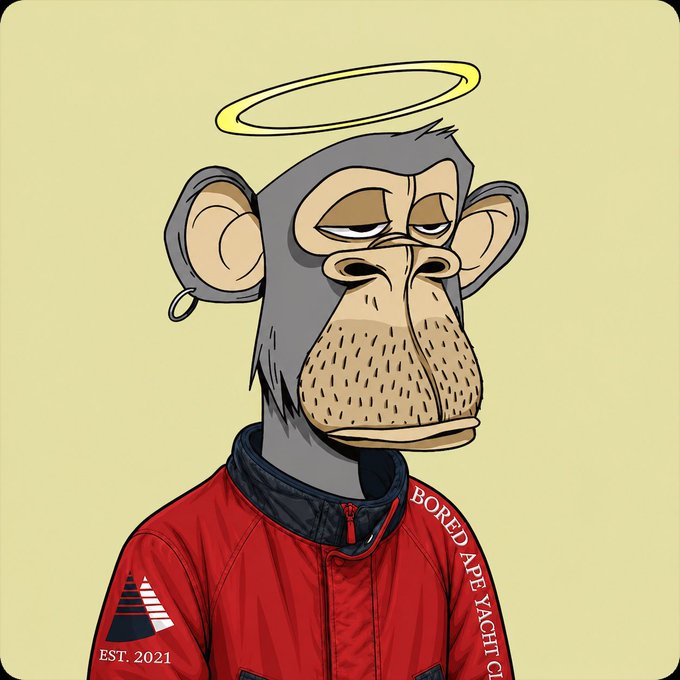 A cartoon illustration shows a bored-looking grey monkey with a halo, an earring, and a stubbled face wearing a red 'Bored Ape Yacht Club' jacket with 'EST. 2021' text.
