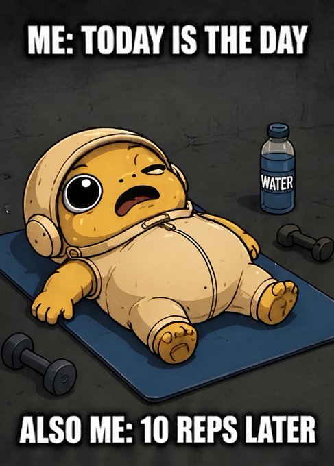The image is a meme featuring a cartoon character in workout attire lying exhausted on an exercise mat, surrounded by small dumbbells and a water bottle labeled "WATER," with text reading "ME: TODAY IS THE DAY" at the top and "ALSO ME: 10 REPS LATER" at the bottom. The accompanying post about "$TURBO" humorously frames this as the start of a fitness journey, contrasting ambitious motivation with quick exhaustion—possibly hinting at the same energy needed for trading or investing in volatile assets like $TURBO.