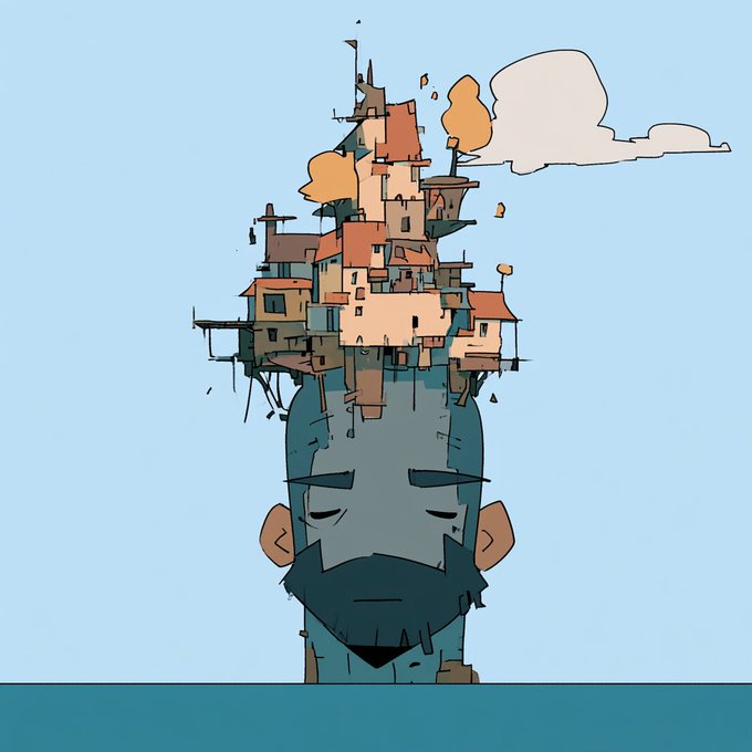 A stylized illustration shows a bearded man's head emerging from water, with an elaborate, towering miniature village built on top of his head featuring orange-roofed houses and trees, against a pale blue sky. The image metaphorically represents the chaotic, heavy "wasteland" of community management that the team is sorting through as they reopen code submissions and update their wallet checker for listed communities.