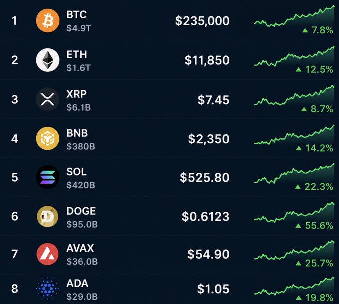 A cryptocurrency market leaderboard showing Bitcoin (BTC) at $235,000 with a 7.8% gain, followed by Ethereum (ETH), XRP, BNB, Solana (SOL), Dogecoin (DOGE) up 55.6%, Avalanche (AVAX), and Cardano (ADA), all displaying green upward charts. The image reinforces the post's bullish sentiment by depicting a thriving crypto market with significant gains across major assets, illustrating the rewards that come after enduring market hardships.