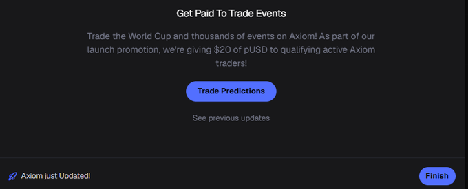 In this image, there's an email or webpage with a focus on the Axiom Exchange prediction market. The heading of the email reads "Get Paid To Trade Events" and the website URL "https://www.AxiomExchange.com/". The main part of the message invites users to visit the Axiom Exchange to check out their predictions market, stating that they will receive a 20 pUSD payment for active participation in this activity. The email also mentions a previous update and a recent release, emphasizing the ongoing nature of this trading platform.