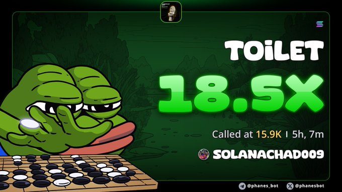 A Pepe the Frog meme plays Go on a board, with text displaying 'TOILET 18.5X Called at 15.9K | 5h, 7m SOLANACHAD009' alongside social media handles.
