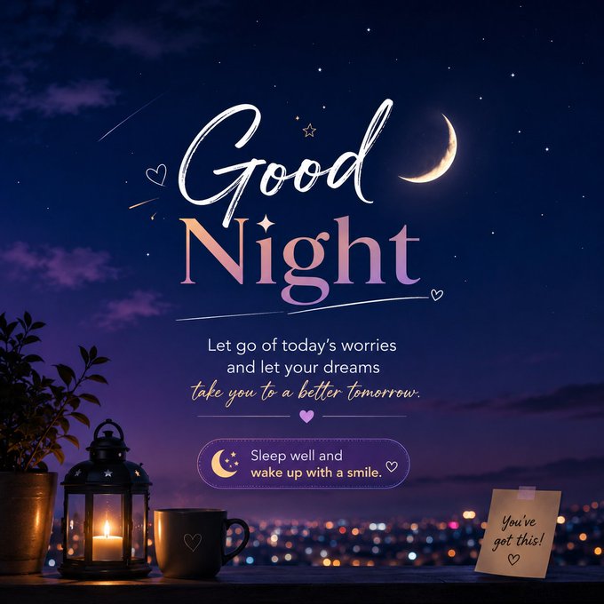 A 'Good Night' greeting card featuring a night sky with crescent moon, stars, candle lantern, coffee mug, and the text 'Let go of today's worries and let your dreams take you to a better tomorrow.'