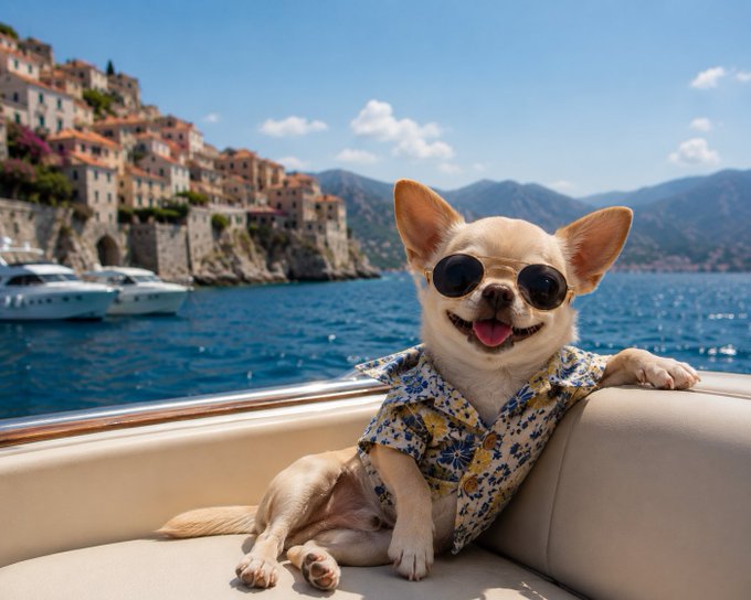 A chihuahua wearing sunglasses and a blue floral shirt, sitting on a boat with a coastal town and yachts in the background.