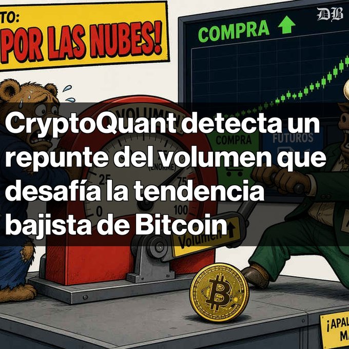 A Spanish-language graphic titled 'POR LAS NUBES!' showing a cartoon bear at a volume meter, with text stating 'CryptoQuant detecta un repunte del volumen que desafía la tendencia bajista de Bitcoin' alongside a Bitcoin coin.