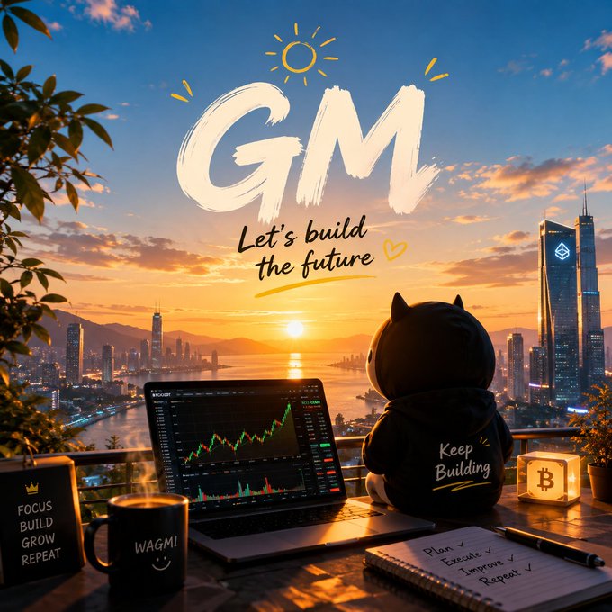 A hooded figure in a "Keep Building" hoodie sits at a desk overlooking a city skyline at sunset, with a laptop displaying crypto charts, a "WAGMI" mug, and a Bitcoin block beside a notebook listing "Plan, Execute, Improve, Repeat." The bold hand-lettered "GM — Let's build the future" headline above ties directly to the post's motivational crypto-builder message of perseverance through market ups and downs.