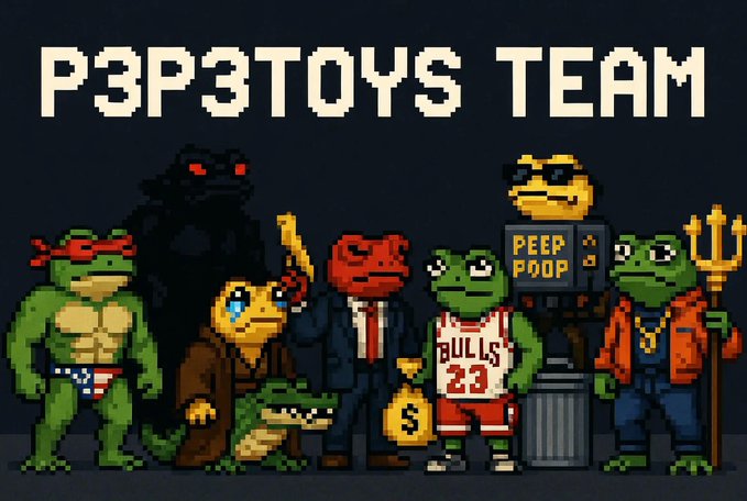 Pixel art illustration titled 'P3P3TOYS TEAM' featuring various Pepe the Frog character variations including a red bandana version, crying version, businessman, Bulls jersey, peepoopeep version, and devil trident version.