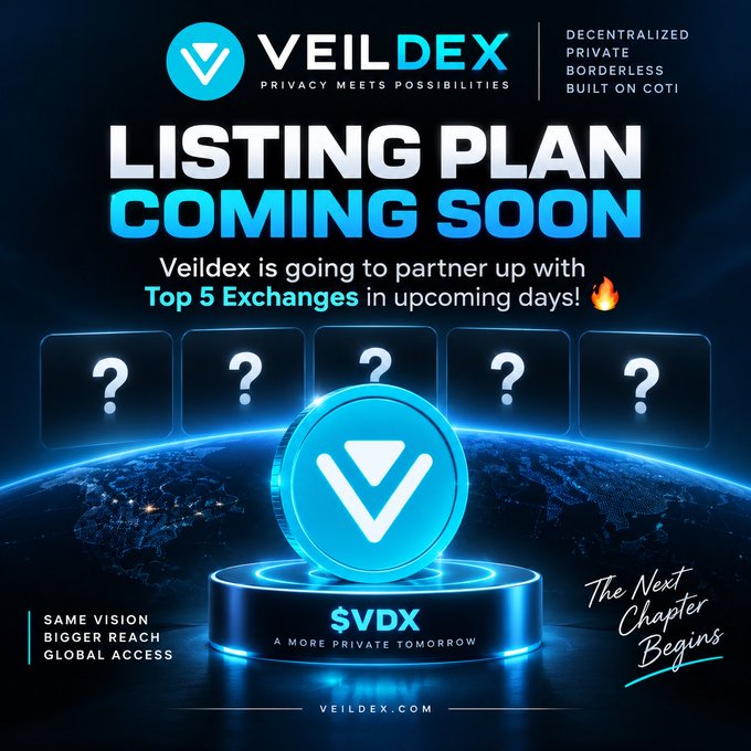 A promotional graphic for 'VEILDEX' cryptocurrency featuring a coin labeled '$VDX', announcing a 'LISTING PLAN COMING SOON' and partnerships with 'Top 5 Exchanges'.
