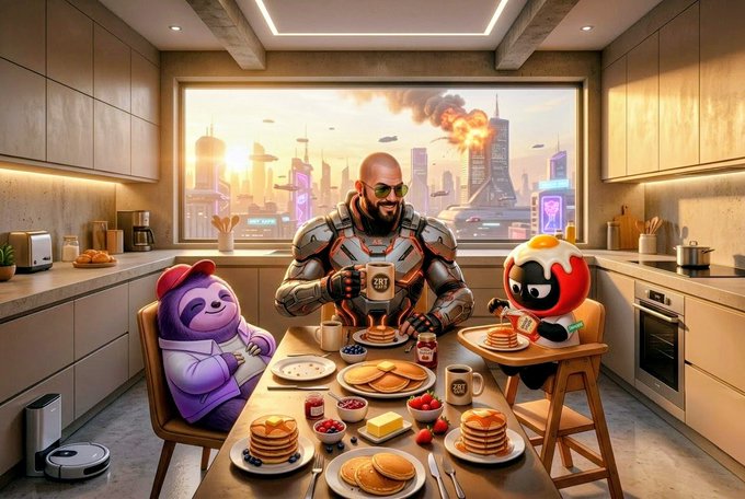 A digital illustration of a man in futuristic armor and two cute mascot characters (a purple panda and a red creature) having a pancake breakfast at a table in a modern kitchen.