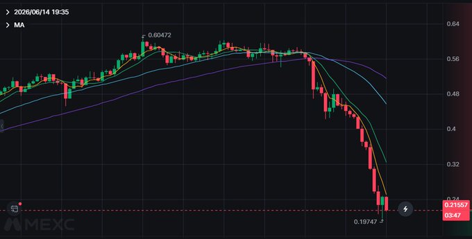This screenshot shows an extreme graph of a cryptocurrency price over time. The downward trend of the chart suggests that the price has been declining for several periods. Currently, it looks as though the price may experience a sharp decrease or suffer from a severe crash, possibly due to unstable trading patterns or unfavorable market sentiments. The post emphasizes caution and restraint when dealing with crypto, urging not to rush into buying without considering all the factors influencing the price's movements.
