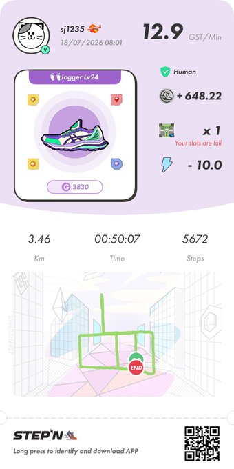 STEPN fitness app screenshot displaying a sneaker NFT (Jogger Lv.24), earnings of 12.9 GST/Min, activity stats (3.46 Km, 00:50:07 Time, 5672 Steps), and a movement map.