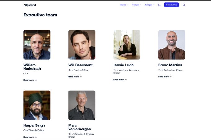 The Algorand website displays an "Executive team" page featuring six members: CEO William Herkelrath, Chief Product Officer Will Beaumont, Chief Legal and Operations Officer Jennie Levin, Chief Technology Officer Bruno Martins, Chief Financial Officer Harpal Singh, and Chief Marketing & Strategy Officer Marc Vanlerberghe. This image supports the post's narrative about Algorand drastically trimming its staff, showing the new CEO's clean executive lineup after reducing team size from 60+ to just 18 names.