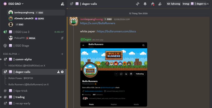 A Discord chat interface showing a post about 'Bulls Runners' (@BullsRunners) with a white paper link and game-style artwork.