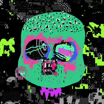 A glitchy, pixel-art green skull with pink and blue facial features sits against a black background filled with green and white digital noise, visually representing the minting of a "Descendants" NFT collection by artist @manicdistopia.
