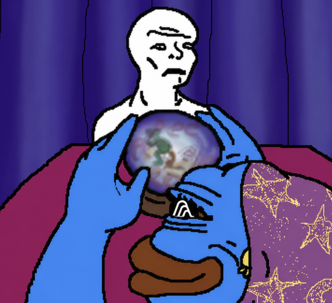 A drawing of a faceless figure holding a crystal ball with blue-gloved hands, set against a purple curtain background with starry motifs.