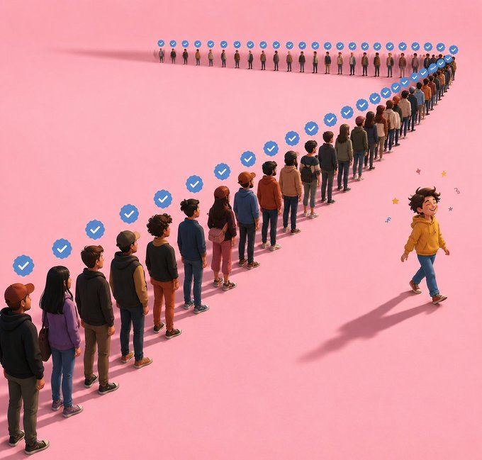 A 3D-rendered illustration of a long line of people with blue verified checkmarks above their heads on a pink background, while one cheerful boy in a yellow hoodie walks away from the line.