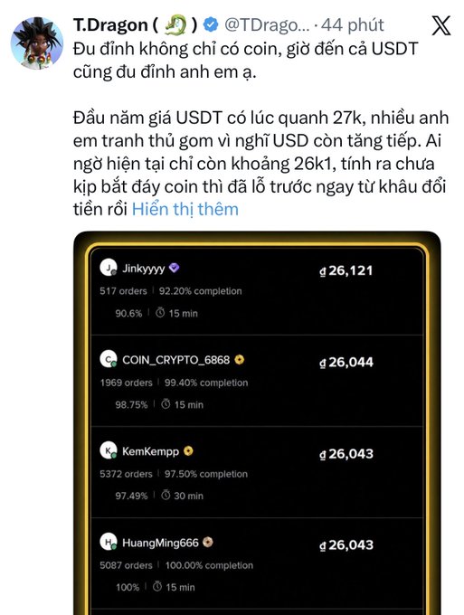 A tweet from T.Dragon discussing USDT prices, noting it started the year around 27k and is now around 26k1, with P2P exchange listings shown.