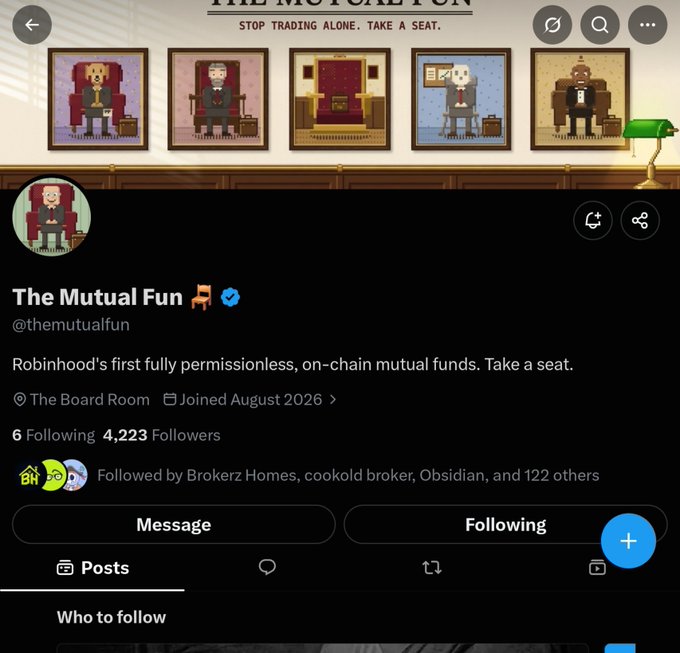 A Twitter/X profile page for 'The Mutual Fun' (@themutualfun), described as 'Robinhood's first fully permissionless, on-chain mutual funds. Take a seat.'