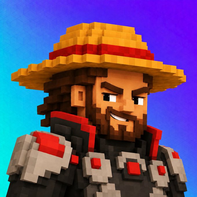 A pixelated, 3D-voxel style character wears a straw hat with a red band and sports a confident grin, set against a vibrant blue-purple gradient background. The image likely represents "TheGodMurdoch," a figure referenced in the post about Web3 gaming and the so-called "Booty" that could save the industry.