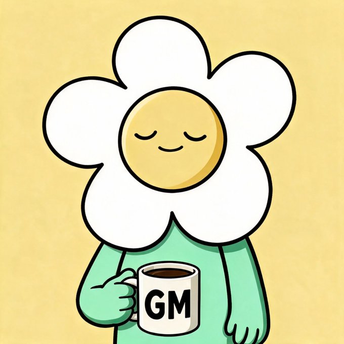 A cartoon illustration of a smiling daisy character holding a white mug labeled 'GM' against a yellow background.