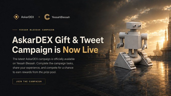 AskarDEX promotional banner announcing the 'Yessah Blessah' Gift & Tweet Campaign is now live, featuring a robot figure with the Burj Khalifa in the background.