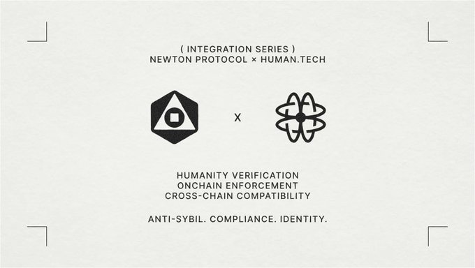 An integration announcement graphic for Newton Protocol x HUMAN.TECH featuring their logos, highlighting humanity verification, onchain enforcement, cross-chain compatibility, and anti-sybil compliance/identity features.