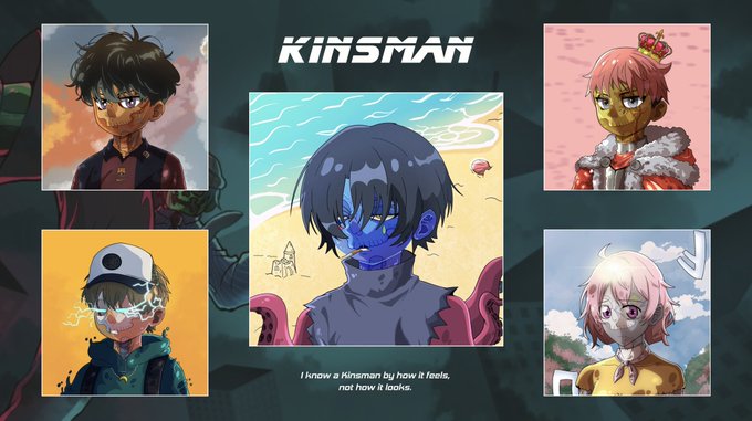 An anime-style illustration titled 'KINSMAN' shows several character portraits, with a central figure on a beach and the text 'I know a Kinsman by how it feels, not how it looks.'