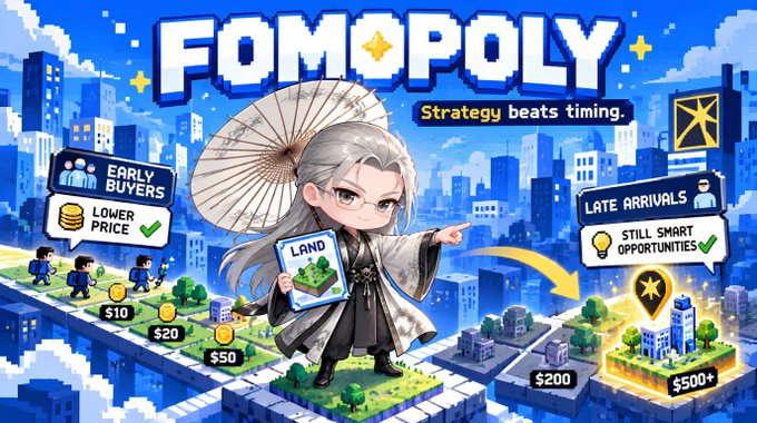 A colorful pixel-art promotional graphic for “FOMOPOLY” shows a cartoon character on a board-game city board, with text including “Strategy beats timing,” “EARLY BUYERS,” “LOWER PRICE,” and “LATE ARRIVALS STILL SMART OPPORTUNITIES.”