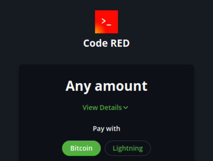 The image displays a donation page for "Code RED" with an "Any amount" option, offering payment via "Bitcoin" or "Lightning" buttons. This relates to the post, which announces a 2.1 million sat donation to the OpenSats Red Team, with all podcast boosts going toward supporting Bitcoin security efforts.