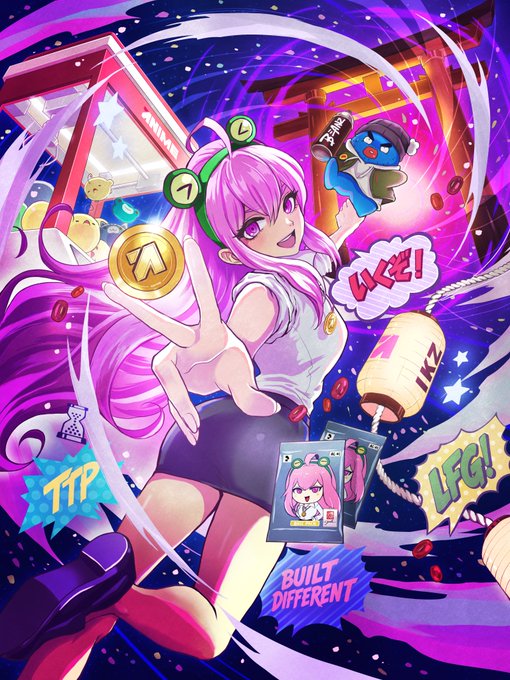 A pink-haired anime mascot with green swirl hair accessories joyfully holds a glowing "A" token, accompanied by a blue bean character and framed collectible cards featuring "Akemi," surrounded by floating "TTP," "LFG!," "4KZT," and "BUILT DIFFERENT" text in a vibrant cosmic setting. The artwork visually promotes the "Through The Gate" collection by @kamogawayuka, showcasing the Animecoin, Azuki Elemental (Akemi), and BEANZ (Gus) mascots as part of the Animechain universe, with energetic call-to-action phrases encouraging viewers to collect before the 24-hour deadline expires.