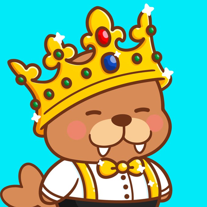 A cartoon illustration of a cute brown beaver/seal character wearing a golden crown decorated with red, blue, and green jewels, along with a bowtie, set against a cyan background.
