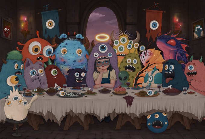 A digital artwork showing a child wearing sunglasses and a purple monster hat sitting at a banquet table surrounded by various colorful, multi-eyed monsters in a dark stone room.