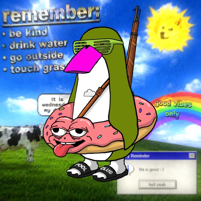 A surreal "Pool Club" meme collage featuring a frog with shutter shades, a pink tongue and a donut floatie, holding a rifle, surrounded by Win95 pop-ups reading "We is good :-)" and "hell yeah," a cow in a field, "good vibes only" text under a rainbow, and a checklist reminding viewers to "be kind, drink water, go outside, touch grass."