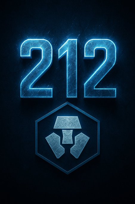 A glowing neon blue "212" displayed above a metallic hexagonal logo with geometric shapes, visually reinforcing the post's metaphor that Crypto.com's $CRO token is reaching its "boiling point" of 212 degrees. The bold, luminous design evokes heat and intensity, symbolizing the token's rising momentum.
