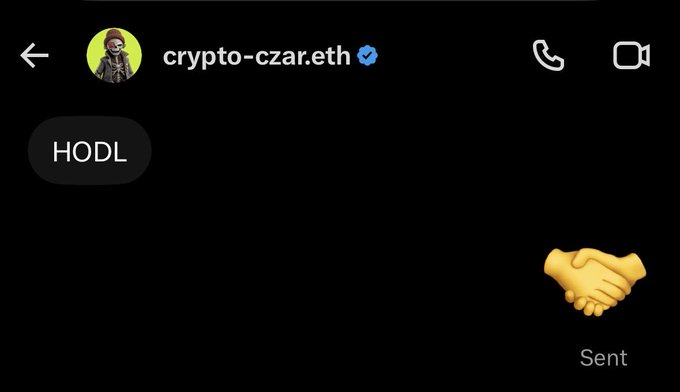 A Telegram conversation with 'crypto-czar.eth' who sent the message 'HODL' followed by a handshake emoji.