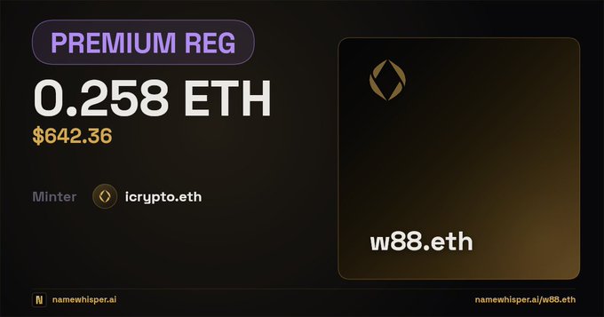 A cryptocurrency domain listing showing 'PREMIUM REG 0.258 ETH ($642.36)' for the domain 'w88.eth', minted by icrypto.eth, hosted on namewhisper.ai.