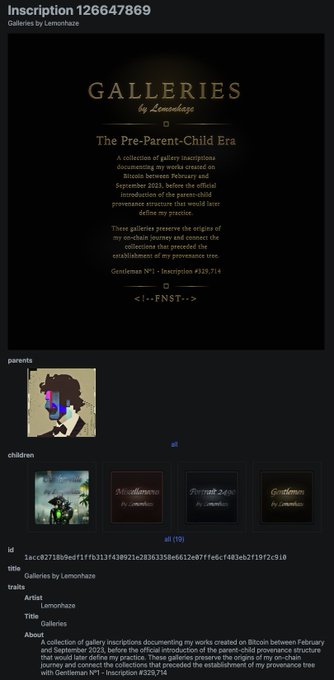 A screenshot of a digital art listing titled 'GALLERIES by Lemonhaze' with the description 'The Pre-Parent-Child Era', describing a collection documenting works on Bitcoin between February and September 2023.