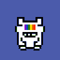 Pixel art icon of a white cat-like character with a rainbow-colored detail on its head, set against a solid blue background.