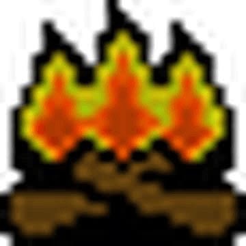 A pixel-art image of a crown-like structure with three orange and yellow flames sitting on a brown base.